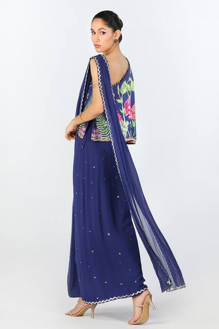 Shop Limerick By Abirr N' Nanki Blue Georgette Floral Asymmetric Draped Saree Gown Online at Aza Fashions Shop_Limerick By Abirr N' Nanki_Blue Georgette Floral Asymmetric Draped Saree Gown _Online_at_Aza_Fashions