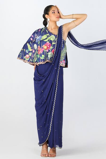 Limerick By Abirr N' Nanki Blue Georgette Floral Asymmetric Draped Saree Gown at Aza Fashions Limerick By Abirr N' Nanki_Blue Georgette Floral Asymmetric Draped Saree Gown _at_Aza_Fashions