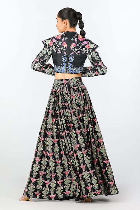Shop Limerick By Abirr N' Nanki Black Crepe, Satin Embroidery Open Neck, Aviva Tropical Pattern Jacket Skirt Set at Aza Fashions Shop_Limerick By Abirr N' Nanki_Black Crepe, Satin Embroidery Open Neck, Aviva Tropical Pattern Jacket Skirt Set _at_Aza_Fashions