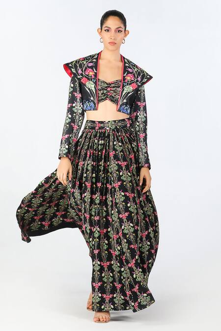 Limerick By Abirr N' Nanki Black Crepe, Satin Embroidery Open Neck, Aviva Tropical Pattern Jacket Skirt Set Online at Aza Fashions Limerick By Abirr N' Nanki_Black Crepe, Satin Embroidery Open Neck, Aviva Tropical Pattern Jacket Skirt Set _Online_at_Aza_Fashions