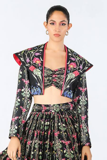Buy Limerick By Abirr N' Nanki Black Crepe, Satin Embroidery Open Neck, Aviva Tropical Pattern Jacket Skirt Set Online at Aza Fashions Buy_Limerick By Abirr N' Nanki_Black Crepe, Satin Embroidery Open Neck, Aviva Tropical Pattern Jacket Skirt Set _Online_at_Aza_Fashions