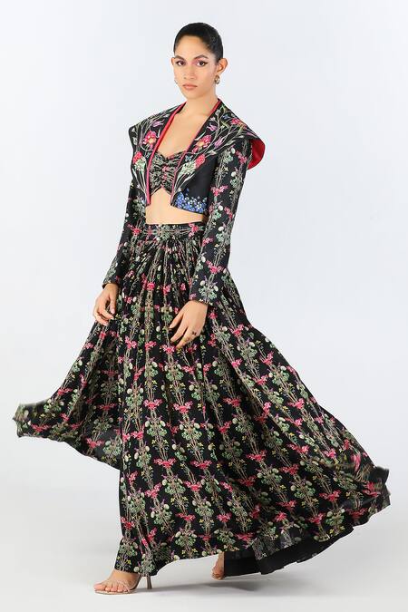 Shop Limerick By Abirr N' Nanki Black Crepe, Satin Embroidery Open Neck, Aviva Tropical Pattern Jacket Skirt Set Online at Aza Fashions Shop_Limerick By Abirr N' Nanki_Black Crepe, Satin Embroidery Open Neck, Aviva Tropical Pattern Jacket Skirt Set _Online_at_Aza_Fashions