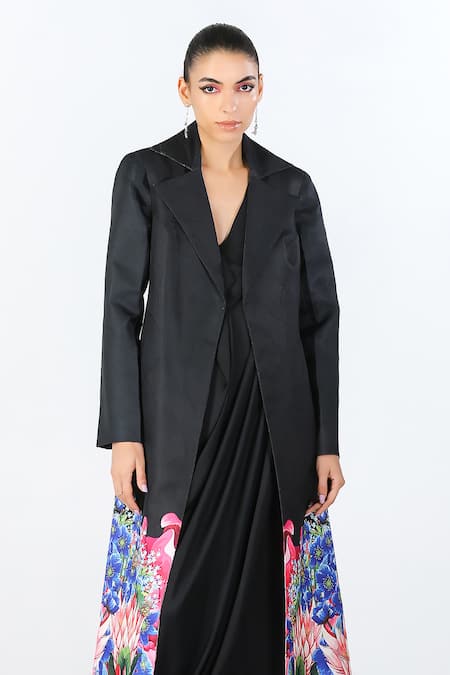 Limerick By Abirr N' Nanki_Black Scallop Textured Satin Berette Placed Floral Pattern Jacket With Dress _Online_at_Aza_Fashions