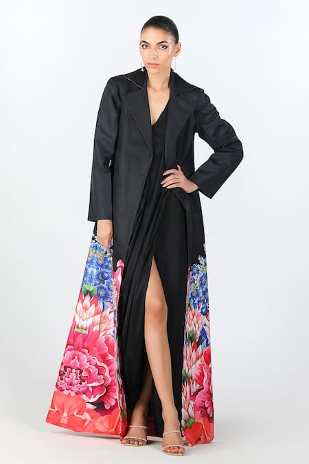 Limerick By Abirr N' Nanki_Black Scallop Textured Satin Berette Placed Floral Pattern Jacket With Dress _at_Aza_Fashions