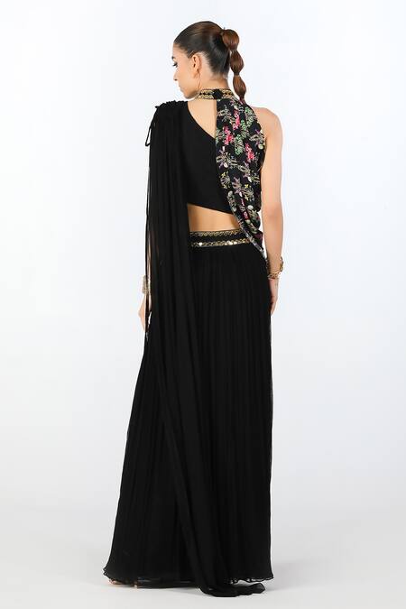 Shop Limerick By Abirr N' Nanki Black Crepe Floral One Shoulder Brittany Pre-draped Saree Set at Aza Fashions Shop_Limerick By Abirr N' Nanki_Black Crepe Floral One Shoulder Brittany Pre-draped Saree Set _at_Aza_Fashions