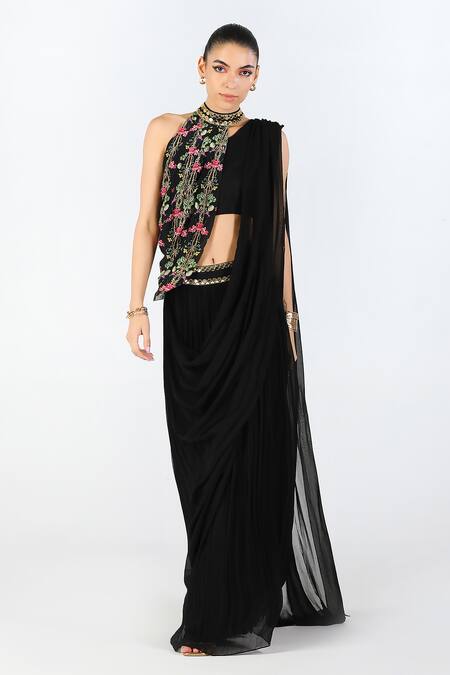 Limerick By Abirr N' Nanki Black Crepe Floral One Shoulder Brittany Pre-draped Saree Set Online at Aza Fashions Limerick By Abirr N' Nanki_Black Crepe Floral One Shoulder Brittany Pre-draped Saree Set _Online_at_Aza_Fashions