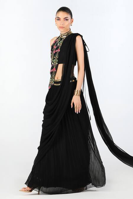 Shop Limerick By Abirr N' Nanki Black Crepe Floral One Shoulder Brittany Pre-draped Saree Set Online at Aza Fashions Shop_Limerick By Abirr N' Nanki_Black Crepe Floral One Shoulder Brittany Pre-draped Saree Set _Online_at_Aza_Fashions