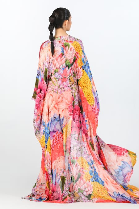 Shop Limerick By Abirr N' Nanki Multi Color Georgette, Hemp V-neck Cyra Floral Garden Pattern Kaftan at Aza Fashions Shop_Limerick By Abirr N' Nanki_Multi Color Georgette, Hemp V-neck Cyra Floral Garden Pattern Kaftan _at_Aza_Fashions