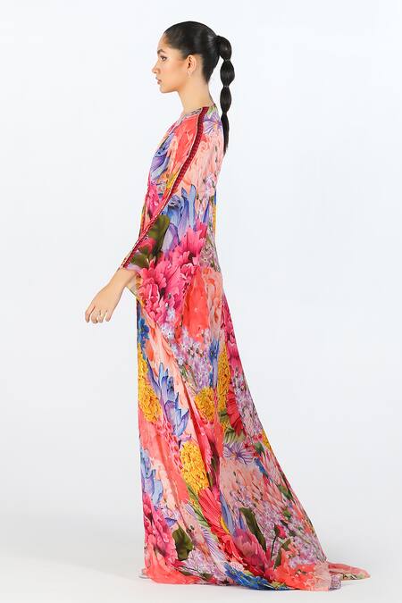 Limerick By Abirr N' Nanki Multi Color Georgette, Hemp V-neck Cyra Floral Garden Pattern Kaftan Online at Aza Fashions Limerick By Abirr N' Nanki_Multi Color Georgette, Hemp V-neck Cyra Floral Garden Pattern Kaftan _Online_at_Aza_Fashions