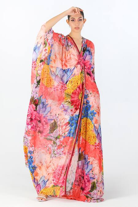 Buy Limerick By Abirr N' Nanki Multi Color Georgette, Hemp V-neck Cyra Floral Garden Pattern Kaftan Online at Aza Fashions Buy_Limerick By Abirr N' Nanki_Multi Color Georgette, Hemp V-neck Cyra Floral Garden Pattern Kaftan _Online_at_Aza_Fashions