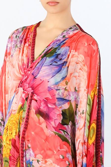 Shop Limerick By Abirr N' Nanki Multi Color Georgette, Hemp V-neck Cyra Floral Garden Pattern Kaftan Online at Aza Fashions Shop_Limerick By Abirr N' Nanki_Multi Color Georgette, Hemp V-neck Cyra Floral Garden Pattern Kaftan _Online_at_Aza_Fashions