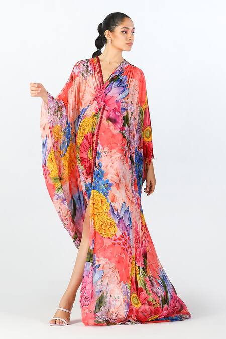 Limerick By Abirr N' Nanki Multi Color Georgette, Hemp V-neck Cyra Floral Garden Pattern Kaftan at Aza Fashions Limerick By Abirr N' Nanki_Multi Color Georgette, Hemp V-neck Cyra Floral Garden Pattern Kaftan _at_Aza_Fashions