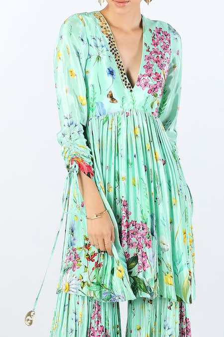Limerick By Abirr N' Nanki_Blue Crepe Elaya Floral Print Peplum Kurta Sharara Set _Online_at_Aza_Fashions