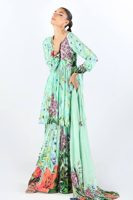 Buy_Limerick By Abirr N' Nanki_Blue Crepe Elaya Floral Print Peplum Kurta Sharara Set _Online_at_Aza_Fashions