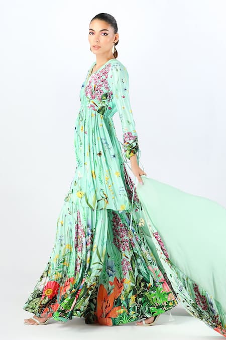 Limerick By Abirr N' Nanki_Blue Crepe Elaya Floral Print Peplum Kurta Sharara Set _at_Aza_Fashions