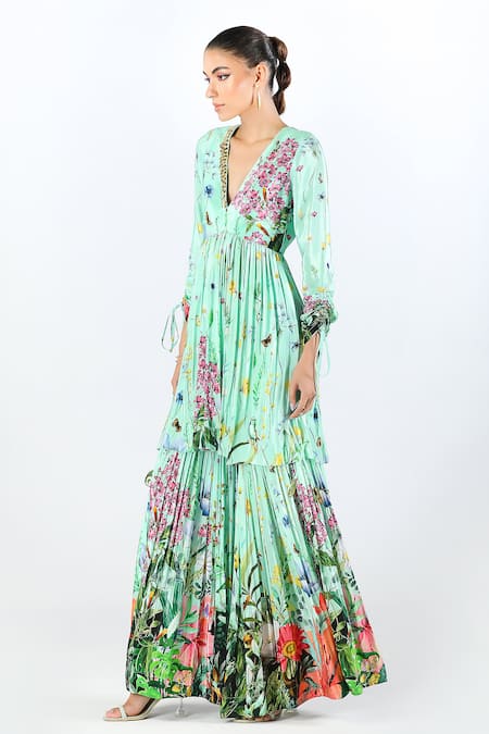 Buy_Limerick By Abirr N' Nanki_Blue Crepe Elaya Floral Print Peplum Kurta Sharara Set 