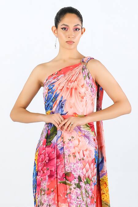 Buy Limerick By Abirr N' Nanki Multi Color Georgette Embroidery One Elinora Blossom Pattern Draped Dress Online at Aza Fashions Buy_Limerick By Abirr N' Nanki_Multi Color Georgette Embroidery One Elinora Blossom Pattern Draped Dress _Online_at_Aza_Fashions