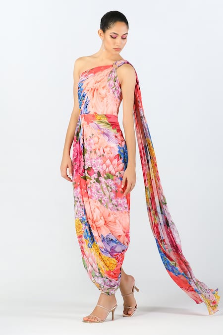 Shop Limerick By Abirr N' Nanki Multi Color Georgette Embroidery One Elinora Blossom Pattern Draped Dress Online at Aza Fashions Shop_Limerick By Abirr N' Nanki_Multi Color Georgette Embroidery One Elinora Blossom Pattern Draped Dress _Online_at_Aza_Fashions