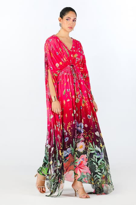 Shop Limerick By Abirr N' Nanki Red Cotton, Georgette Embroidery V-neck Elira Floral Blossom Pattern Kaftan at Aza Fashions Shop_Limerick By Abirr N' Nanki_Red Cotton, Georgette Embroidery V-neck Elira Floral Blossom Pattern Kaftan _at_Aza_Fashions