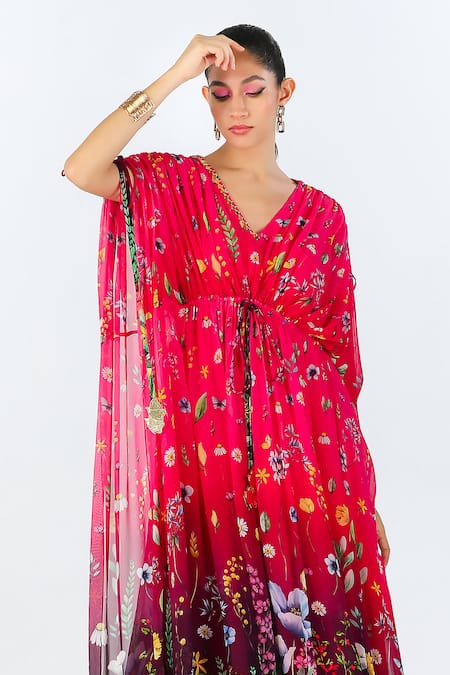 Limerick By Abirr N' Nanki Red Cotton, Georgette Embroidery V-neck Elira Floral Blossom Pattern Kaftan Online at Aza Fashions Limerick By Abirr N' Nanki_Red Cotton, Georgette Embroidery V-neck Elira Floral Blossom Pattern Kaftan _Online_at_Aza_Fashions