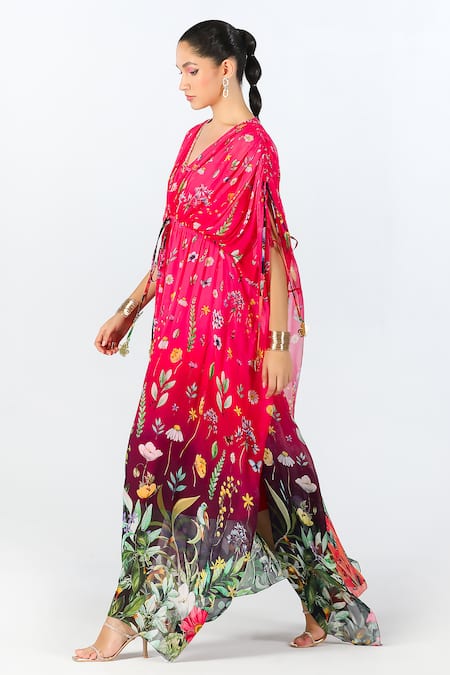 Buy Limerick By Abirr N' Nanki Red Cotton, Georgette Embroidery V-neck Elira Floral Blossom Pattern Kaftan Online at Aza Fashions Buy_Limerick By Abirr N' Nanki_Red Cotton, Georgette Embroidery V-neck Elira Floral Blossom Pattern Kaftan _Online_at_Aza_Fashions