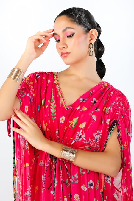 Shop Limerick By Abirr N' Nanki Red Cotton, Georgette Embroidery V-neck Elira Floral Blossom Pattern Kaftan Online at Aza Fashions Shop_Limerick By Abirr N' Nanki_Red Cotton, Georgette Embroidery V-neck Elira Floral Blossom Pattern Kaftan _Online_at_Aza_Fashions