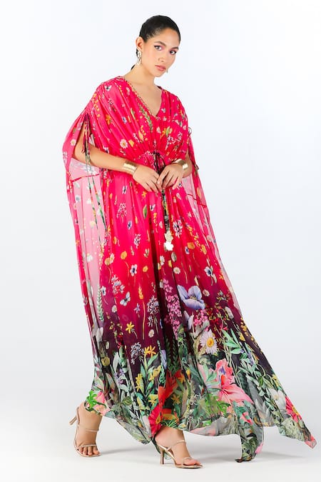 Limerick By Abirr N' Nanki Red Cotton, Georgette Embroidery V-neck Elira Floral Blossom Pattern Kaftan at Aza Fashions Limerick By Abirr N' Nanki_Red Cotton, Georgette Embroidery V-neck Elira Floral Blossom Pattern Kaftan _at_Aza_Fashions
