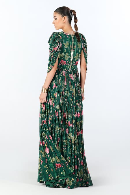 Shop Limerick By Abirr N' Nanki Green Georgette Embroidery V-neck Elvi Floral Blossom Anarkali With Dhoti Pant at Aza Fashions Shop_Limerick By Abirr N' Nanki_Green Georgette Embroidery V-neck Elvi Floral Blossom Anarkali With Dhoti Pant _at_Aza_Fashions