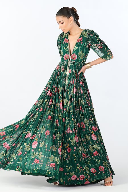 Limerick By Abirr N' Nanki Green Georgette Embroidery V-neck Elvi Floral Blossom Anarkali With Dhoti Pant Online at Aza Fashions Limerick By Abirr N' Nanki_Green Georgette Embroidery V-neck Elvi Floral Blossom Anarkali With Dhoti Pant _Online_at_Aza_Fashions