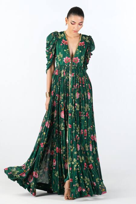 Buy Limerick By Abirr N' Nanki Green Georgette Embroidery V-neck Elvi Floral Blossom Anarkali With Dhoti Pant Online at Aza Fashions Buy_Limerick By Abirr N' Nanki_Green Georgette Embroidery V-neck Elvi Floral Blossom Anarkali With Dhoti Pant _Online_at_Aza_Fashions