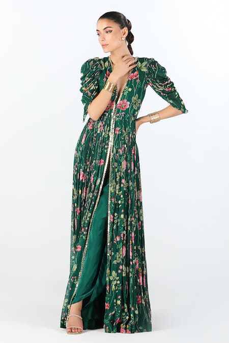 Shop Limerick By Abirr N' Nanki Green Georgette Embroidery V-neck Elvi Floral Blossom Anarkali With Dhoti Pant Online at Aza Fashions Shop_Limerick By Abirr N' Nanki_Green Georgette Embroidery V-neck Elvi Floral Blossom Anarkali With Dhoti Pant _Online_at_Aza_Fashions