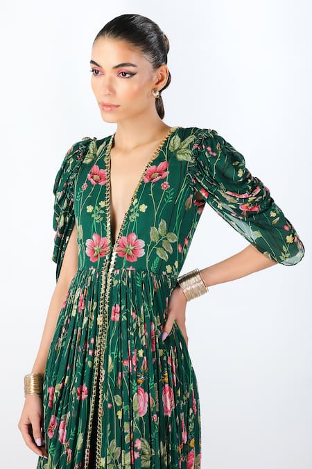 Limerick By Abirr N' Nanki Green Georgette Embroidery V-neck Elvi Floral Blossom Anarkali With Dhoti Pant at Aza Fashions Limerick By Abirr N' Nanki_Green Georgette Embroidery V-neck Elvi Floral Blossom Anarkali With Dhoti Pant _at_Aza_Fashions