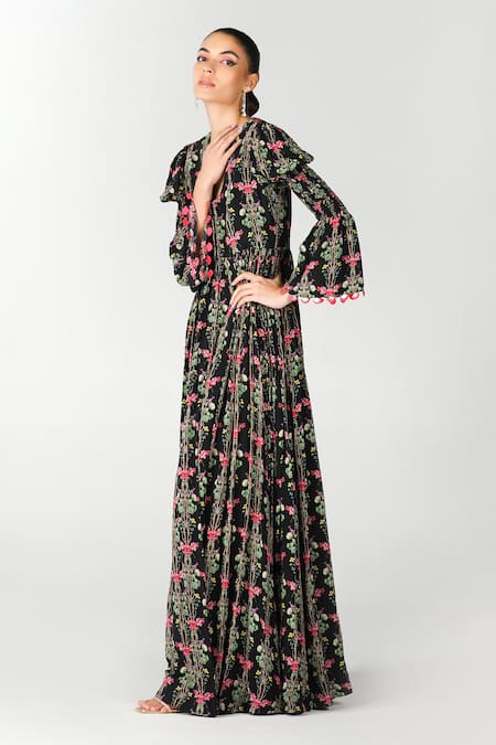 Limerick By Abirr N' Nanki_Black Crepe Floral V-neck Ilian Botanic Pattern Dress  _Online_at_Aza_Fashions
