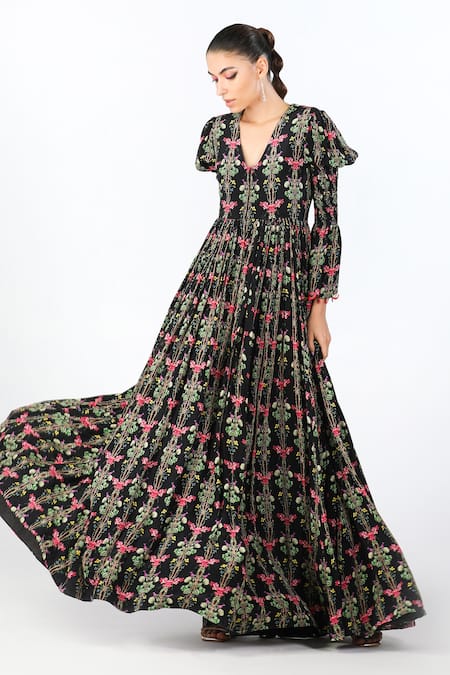 Buy_Limerick By Abirr N' Nanki_Black Crepe Floral V-neck Ilian Botanic Pattern Dress  _Online_at_Aza_Fashions