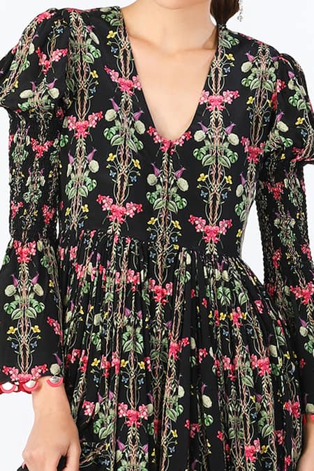 Shop_Limerick By Abirr N' Nanki_Black Crepe Floral V-neck Ilian Botanic Pattern Dress  _Online_at_Aza_Fashions