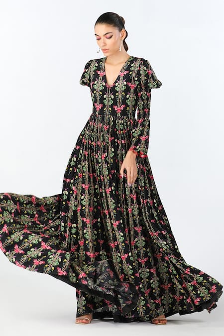 Limerick By Abirr N' Nanki_Black Crepe Floral V-neck Ilian Botanic Pattern Dress  _at_Aza_Fashions