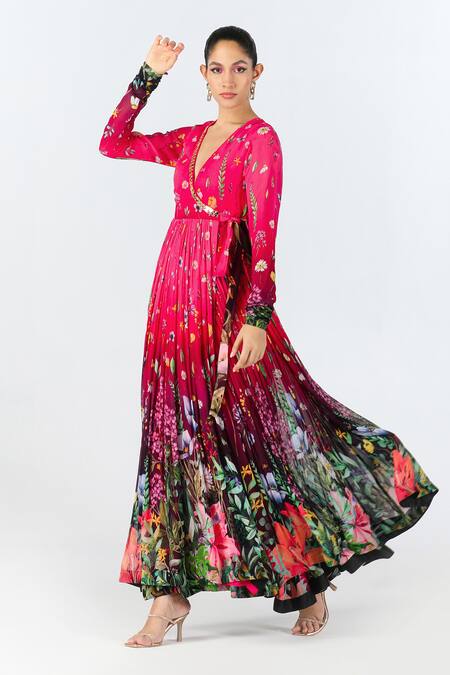 Limerick By Abirr N' Nanki_Red Georgette Floral V-neck Inaara Garden Pattern Dress  _Online_at_Aza_Fashions