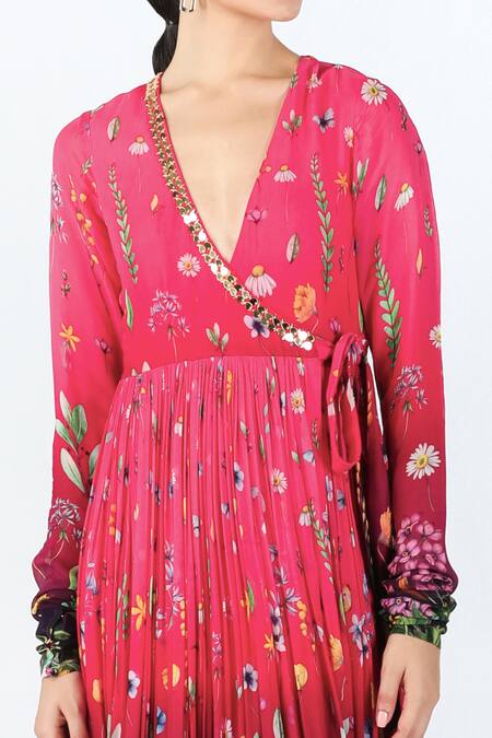 Buy_Limerick By Abirr N' Nanki_Red Georgette Floral V-neck Inaara Garden Pattern Dress  _Online_at_Aza_Fashions