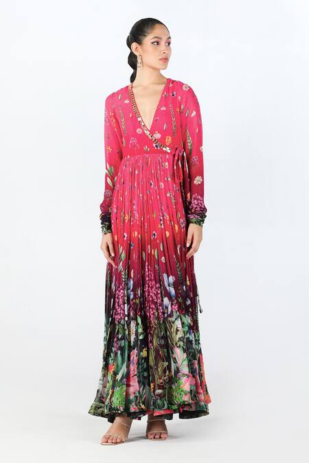 Shop_Limerick By Abirr N' Nanki_Red Georgette Floral V-neck Inaara Garden Pattern Dress  _Online_at_Aza_Fashions