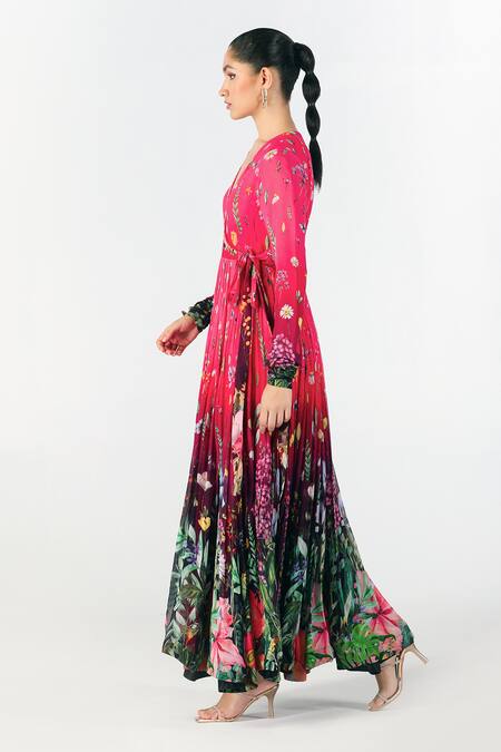 Limerick By Abirr N' Nanki_Red Georgette Floral V-neck Inaara Garden Pattern Dress  _at_Aza_Fashions