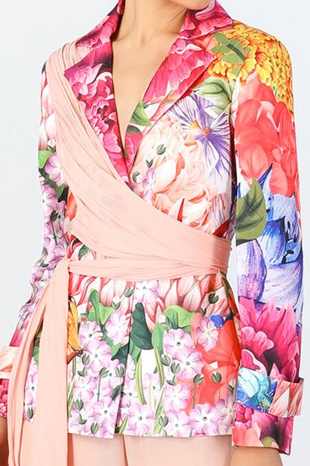 Buy_Limerick By Abirr N' Nanki_Peach Georgette, Satin Embroidery Collared Kyomi Blossom Floral Pattern Jacket _Online_at_Aza_Fashions