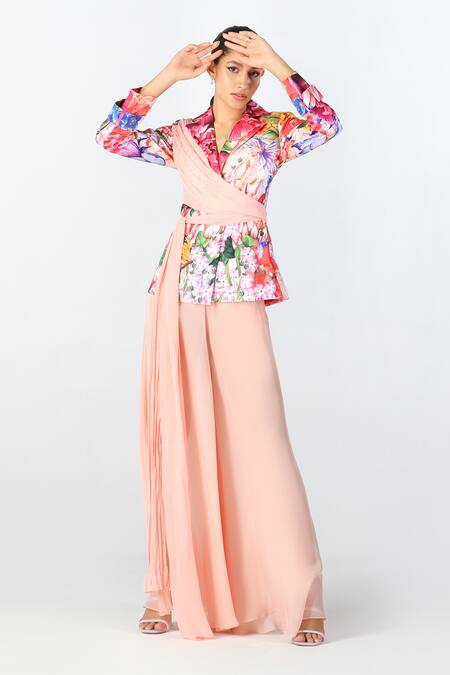 Buy_Limerick By Abirr N' Nanki_Peach Georgette Solid Kyomi Pant  _Online_at_Aza_Fashions