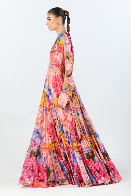 Limerick By Abirr N' Nanki_Multi Color Georgette Printed Floral Deep V Neck Laira Maxi Dress  _Online_at_Aza_Fashions