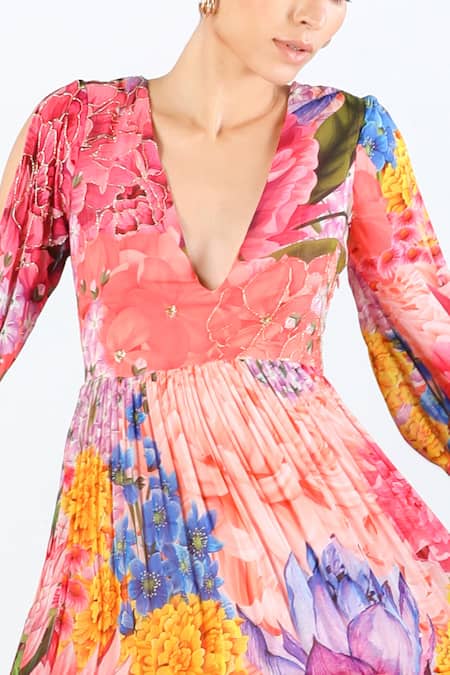Buy_Limerick By Abirr N' Nanki_Multi Color Georgette Printed Floral Deep V Neck Laira Maxi Dress  _Online_at_Aza_Fashions