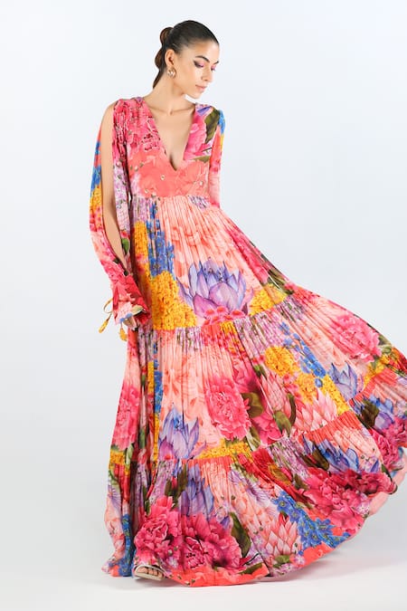 Shop_Limerick By Abirr N' Nanki_Multi Color Georgette Printed Floral Deep V Neck Laira Maxi Dress  _Online_at_Aza_Fashions