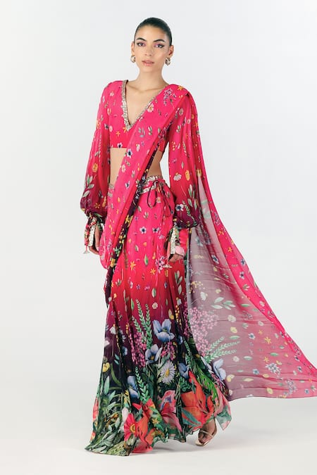 Limerick by Abirr N' Nanki Fuchsia Georgette Licia Floral Print Pre-draped Saree With Blouse 