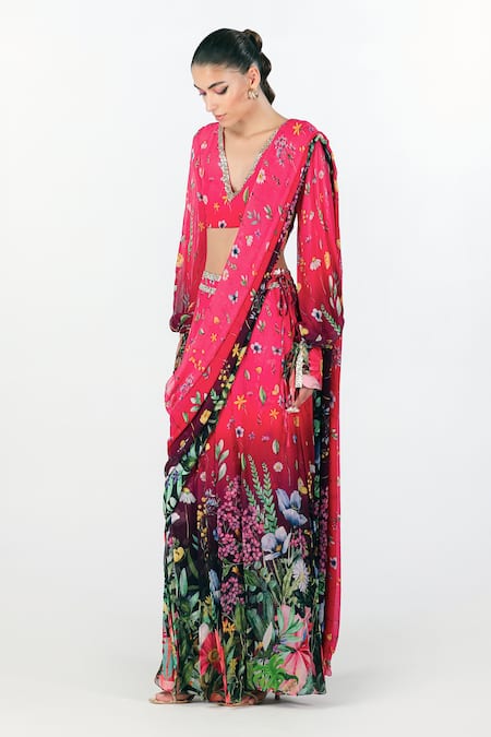 Limerick By Abirr N' Nanki_Fuchsia Georgette Licia Floral Print Pre-draped Saree With Blouse _Online_at_Aza_Fashions