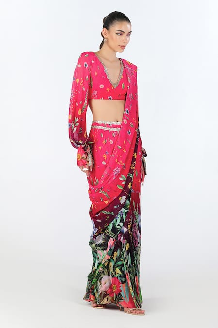 Buy_Limerick By Abirr N' Nanki_Fuchsia Georgette Licia Floral Print Pre-draped Saree With Blouse _Online_at_Aza_Fashions
