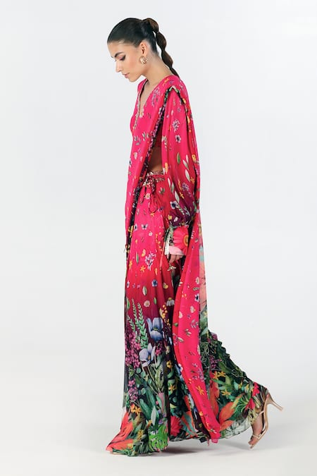 Shop_Limerick By Abirr N' Nanki_Fuchsia Georgette Licia Floral Print Pre-draped Saree With Blouse _Online_at_Aza_Fashions