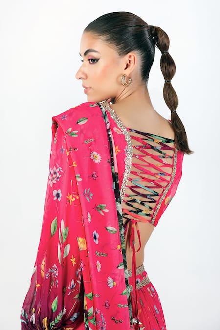 Limerick By Abirr N' Nanki_Fuchsia Georgette Licia Floral Print Pre-draped Saree With Blouse _at_Aza_Fashions